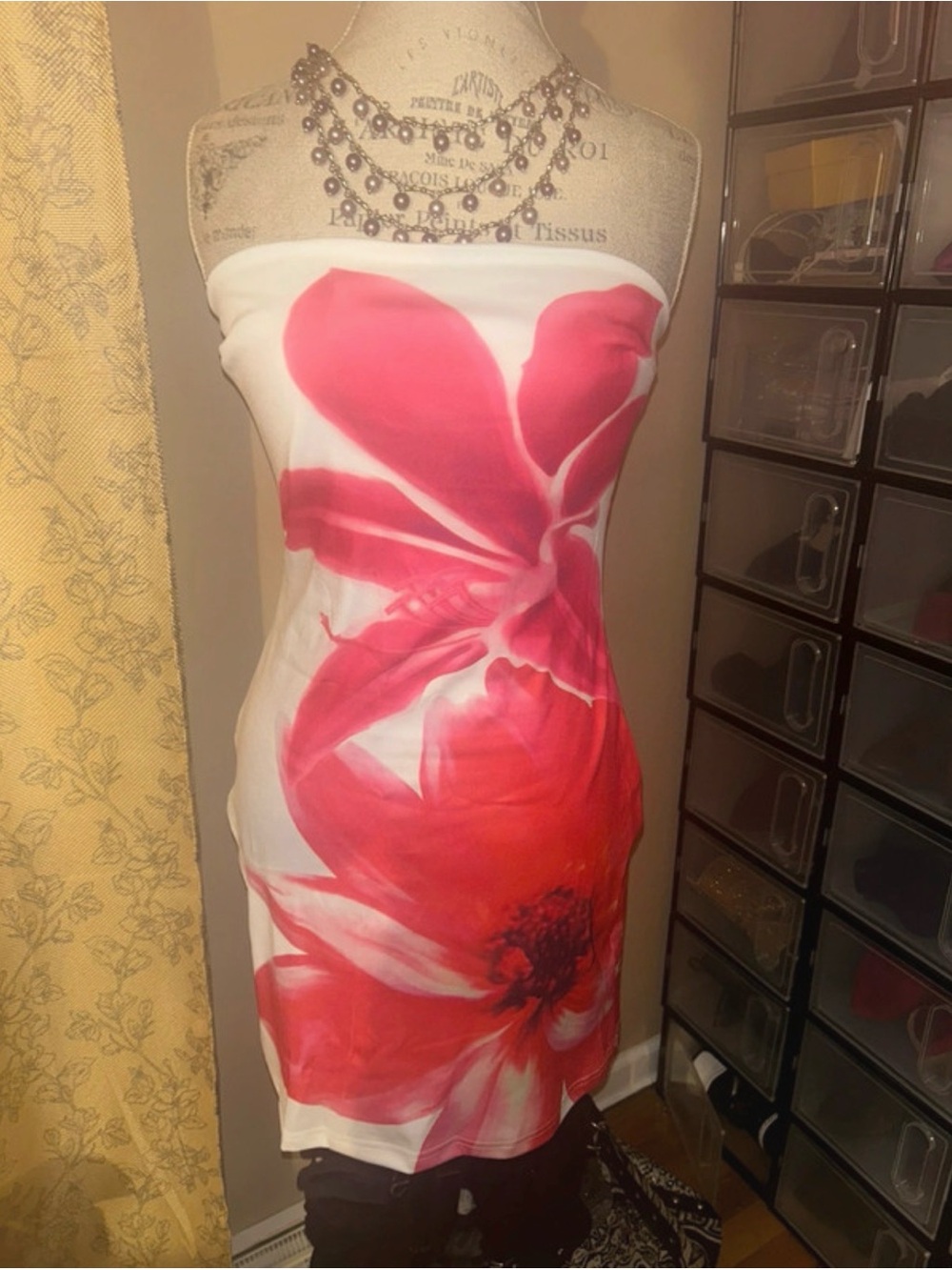 Strapless White Dress with Bold Pink Floral Print Size M